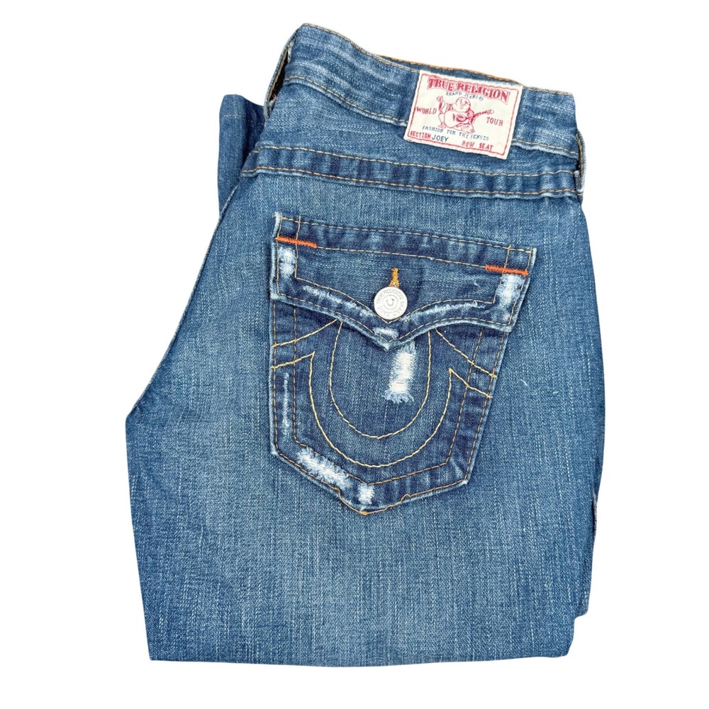 True Religion Joey Crop Jeans 28‎ Made in USA Distressed Flap Pockets Y2K Denim